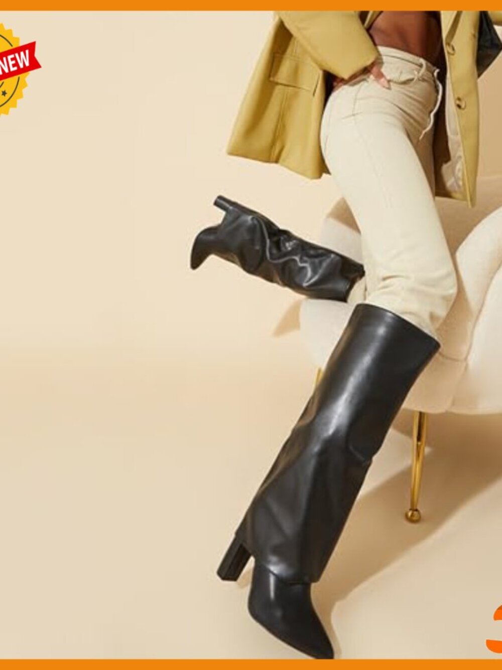 Knee High Boots Fold Over Chunky Heel Pointed Toe Zipper Tall Boots - Picture 5 of 7
